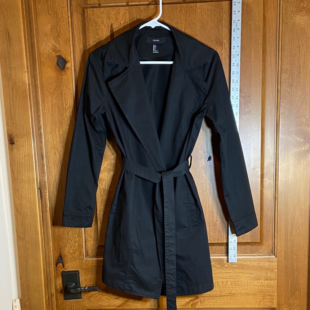 Forever 21 Classic Black Trench Coat, Size S.